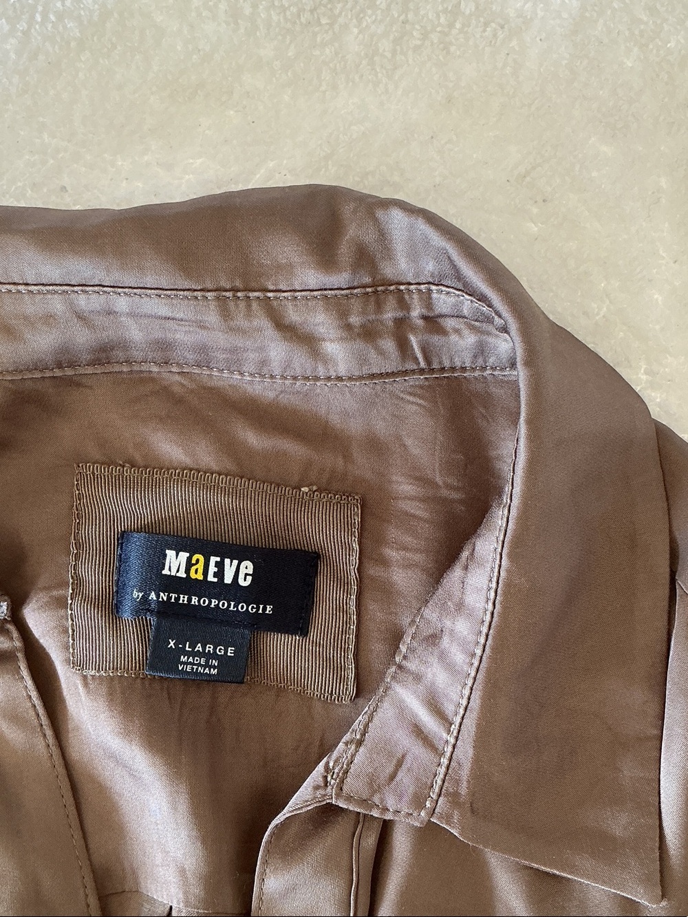 Maeve Satin-Look Button Shirt in Taupe Brown